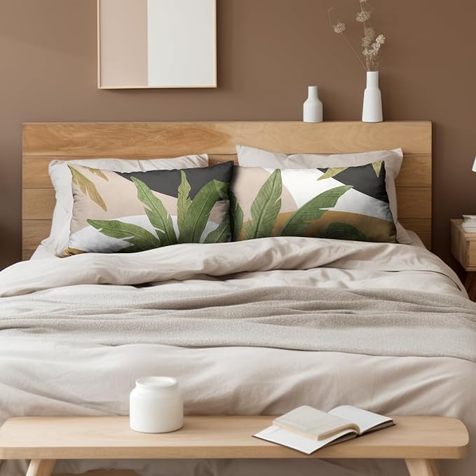Spring Summer Green Tropical Lumbar Pillow Covers 12x20 Set of 2 Palm Leaf Throw Pillow Covers Brown and White Black Decorative Pillowcase Modern Home Decor for Bed Sofa