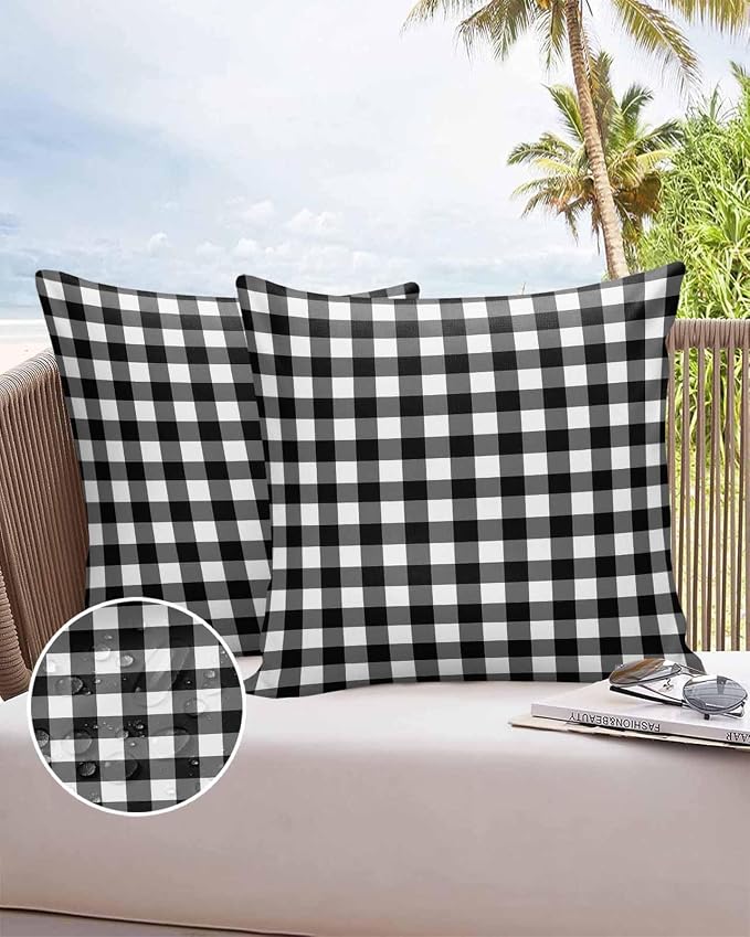 Outdoor Waterproof Throw Pillow Covers Set of 2 Black White Buffalo Plaid Pillowcases 18x18 Inches Pastoral Checked Decorative Pillows Cushion Case Patio Pillows for Couch Bed Chair Garden