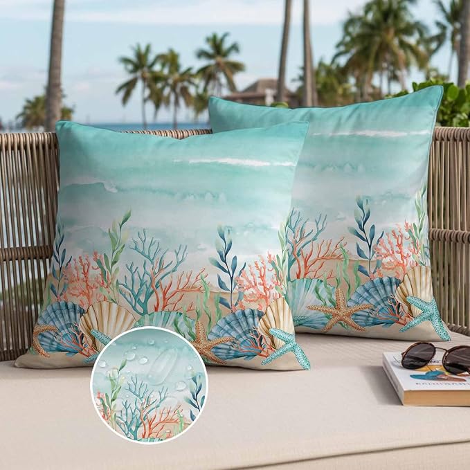 Throw Pillow Covers 26x26 Inch Set of 2, Coastal Beach Waterproof Outdoor Pillow Covers, Ocean Wave Summer Sea Starfish Coral Teal Beige Decorative Cushion Pillowcases for Couch, Sofa, Bed, Patio