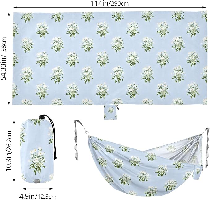 Camping Hammock Outdoor Hammocks for Outside Little Daisy Flowers Blue Beach Trees Portable Lightweight with Pockets Tree Straps Indoor Small