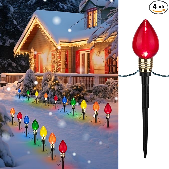 4 Pack C9 Christmas Pathway Lights Outdoor, Total 69.6Ft 40 LED Stake Light | Connectable C9 Pathway Lights, Waterproof Christmas Lights Outdoor for Walkway Yard Lawn Ground Sidewalk Driveway Decorations