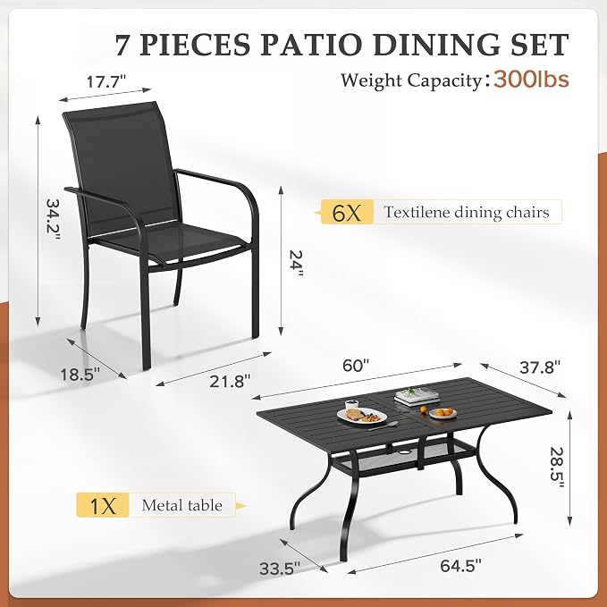 Incbruce 7 Pieces Outdoor Dining Set, Patio Metal Dining Set of 6 Textilene Chairs and Rectangle Table with Umbrella Hole for Lawn, Garden, Porch and Backyard (Black)