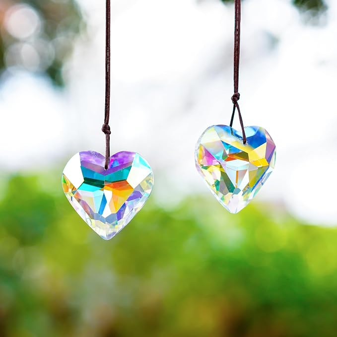 2 Pcs 50mm AB Heart Crystal Prism Rainbow Suncatcher Window Decor | AB Color Heart Crystal Prism Suncatcher Pendants Rainbow Chandelier with Rope for Window Garden Home Wedding Decor