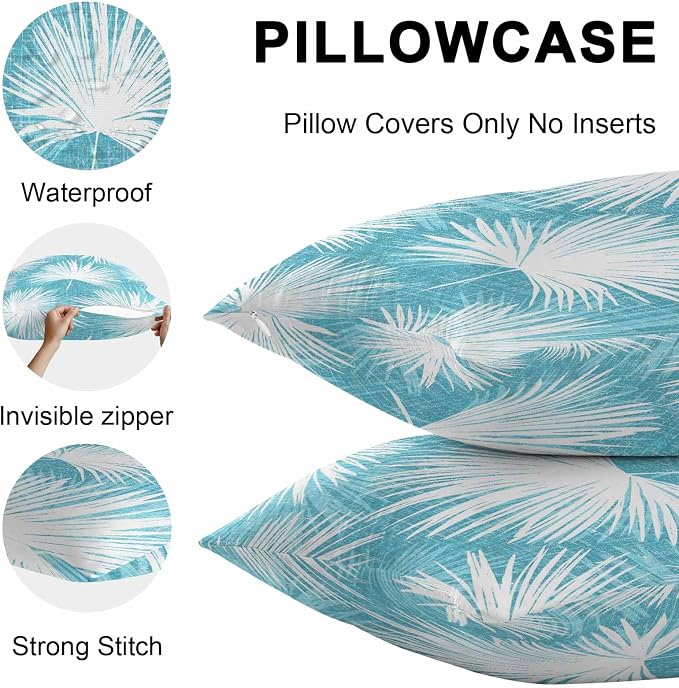 Throw Pillow Covers 18x18 Inch Set of 2, Aqua Blue Palm Leaves Coastal Waterproof Outdoor Pillow Covers, Summer Tropical Botanical Decorative Cushion Pillowcases for Couch, Sofa, Bed, Garden, Patio