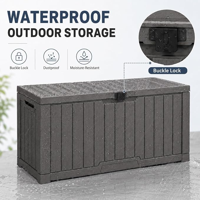 Outdoor Storage Box, Waterproof Deck Box with Buckle Lock, Patio Storage Box for Cushions and Outdoor Toy Storage, 30/60/80/100/120 Gallon PP Bench or Side Table for Patio Garden Backyard(80 Gallon)