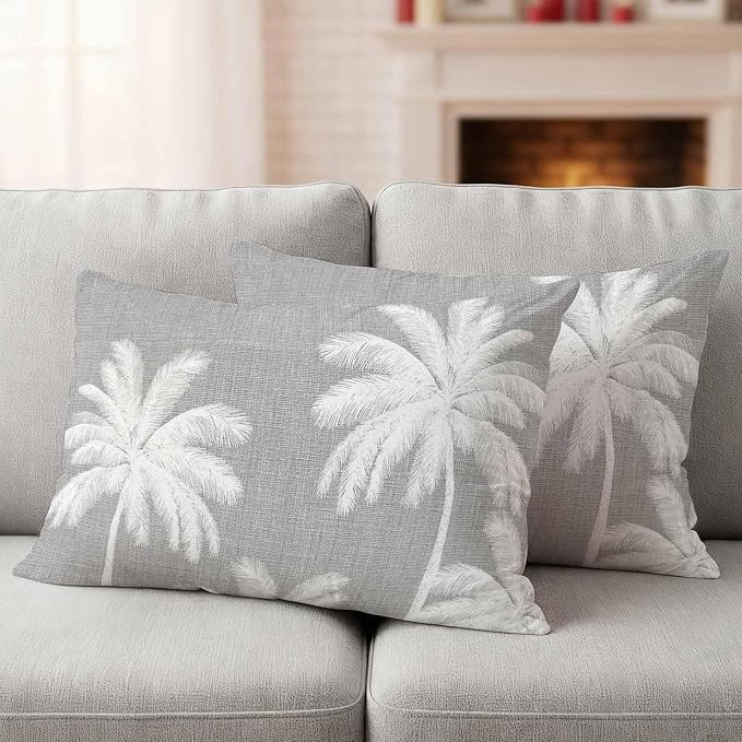Lumbar Pillow Covers 20x12 Inch Set of 2, Grey Palm Trees Waterproof Outdoor Pillow Covers, Farmhouse Tropical Summer Beach Decorative Cushion Pillowcases for Couch, Sofa, Bed, Garden, Patio