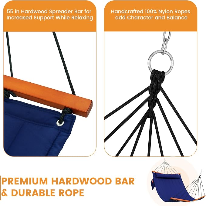 Lazy Daze Hammocks 12FT Quilted Double Hammock with V-Spreader Bar, 2 Person Portable Hammock with Nylon Rope, Side Pocket and Pillow, 450lbs Capacity, Includes Carry Bag for Outside, Navy Blue