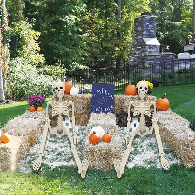 2 Pack 36in Posable Plastic Skeleton Halloween Decor - 3 ft Halloween Decor | Full Body Plastic Skeletons with Posable Joints, Perfect for Spooky Halloween Yard Patio Lawn Indoor Decor Party Photo Props