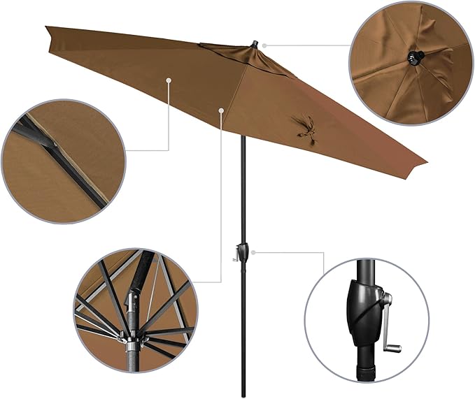 California Umbrella 12-Year Protection 9' Rd Aluminum Patio Umbrella, Crank Lift, Auto Tilt, Black Finish, Sunbrella Heather Beige
