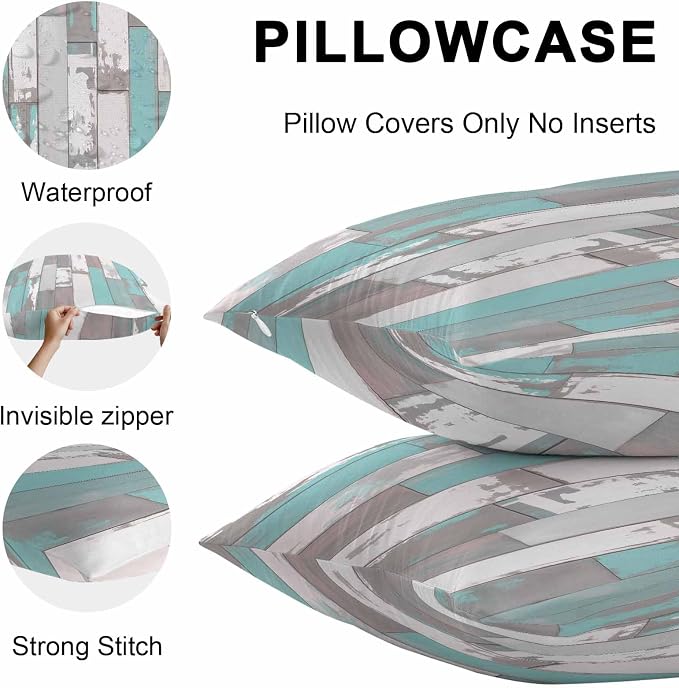 Turquoise Gray Outdoor Pillow Covers 16x16 Inch Throw Pillow Covers Set of 2 Waterproof Decorative Pillow Cases Country Retro Mottled Texture Wood Grain Cushion Covers for Patio Furniture Garden Couch