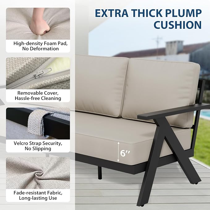 COOS BAY Iron Luxe 7 Piece Outdoor Patio Furniture Set, Modern Patio Conversation Set with 4 Swivel Rocking Chairs, a 3 Seat Couch, Coffee Table & Side Table for Deck, Garden, Porch, Black/Beige