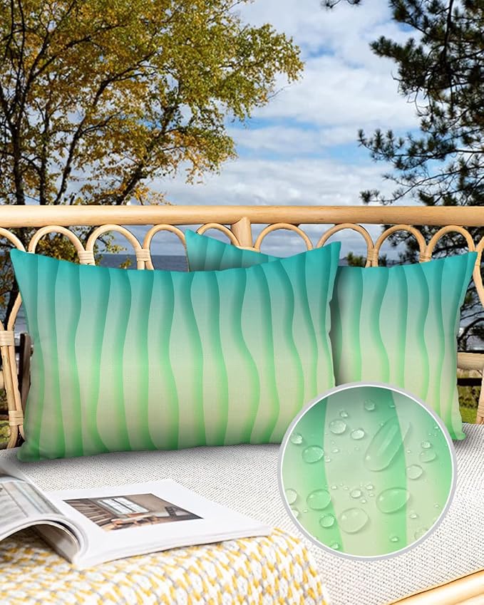 Outdoor Waterproof Pillow Covers Set of 2, Summer Abstract Geometric Gradient Turquoise Ocean Wave Patio Throw Pillow Covers, Decorative Cushion Case for Couch Sofa Furniture Garden, 20x12 Inch