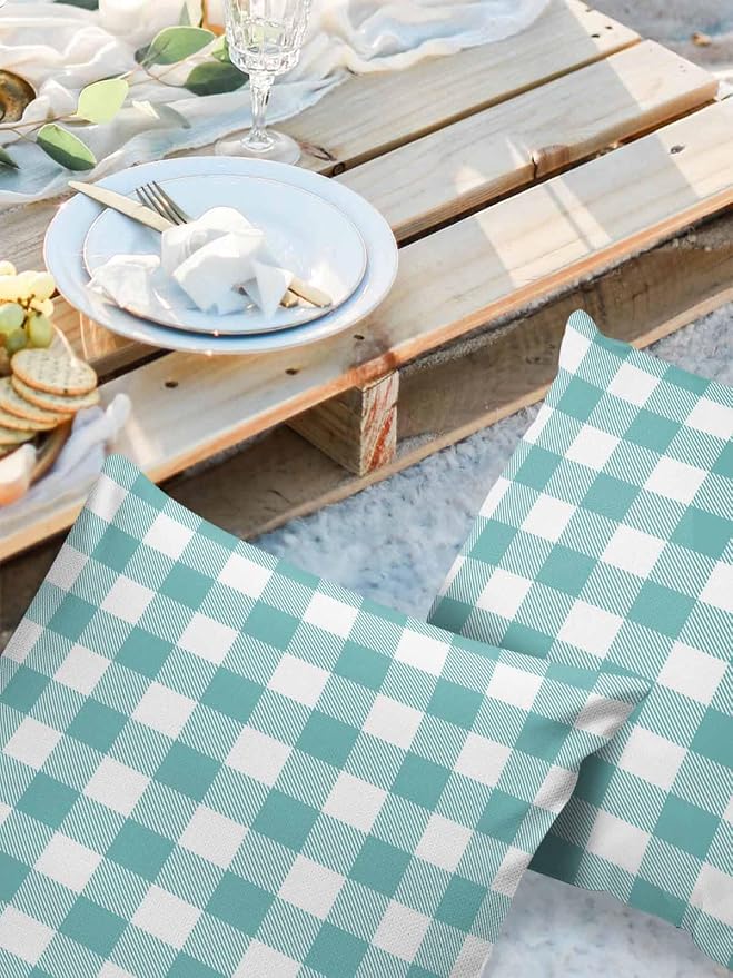 Outdoor Waterproof Throw Pillow Covers Set of 2 Teal Green White Check Plaid Pillowcases 16x16 Inches Farmhouse Style Patio Decorative Pillows Cushion Case Patio Pillows for Couch Bed Chair Garden