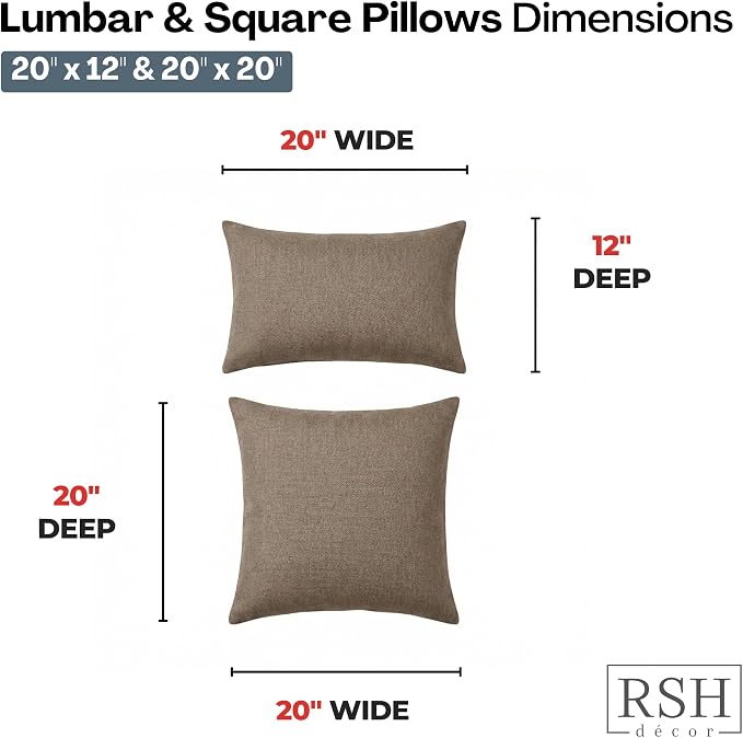 RSH DECOR: Sunbrella Lumbar & Square Pillows Set of 4 | 20" x 12" & 20" x 20" | Water and Fade-Resistant Performance Fabric | Outdoor Throw Pillows | Made in USA (Spectrum Mushroom Brown)
