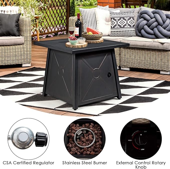 Tangkula 5 Piece Patio Furniture Set with 50,000 BTU Propane Fire Pit Table, Outdoor Wicker Conversation Set w/Cushions, Storage Box and Tempered Glass Coffee Table, 30" Gas Fire Pit Table (Black)
