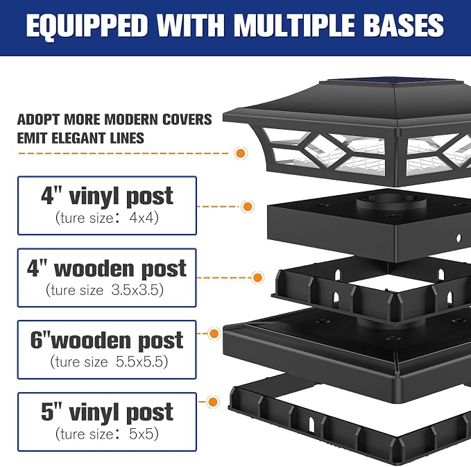 VOLISUN Solar Post Cap Lights: 6 - Pack Outdoor Deck Post Cap Lights Black for Dock Fence Waterproof 2 Color Modes,4x4/6x6 Wooden/Vinyl Posts