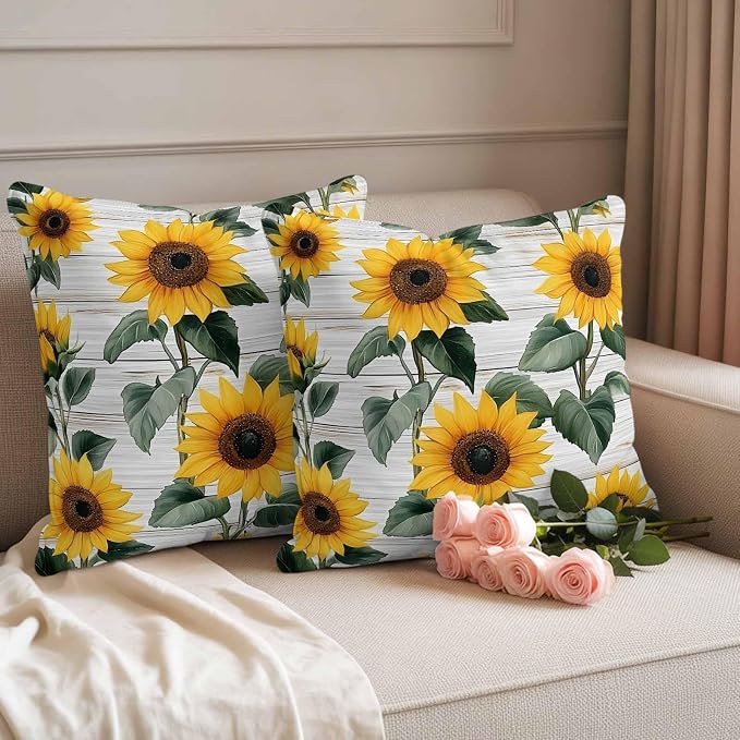 Country Sunflowers Waterproof Outdoor Pillow Covers Set of 2 Home Decor, Retro Pastoral Floral Wooden Plank Pillowcase Patio Pillow Covers for Couch Bench Furniture Garden 16x16in