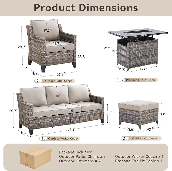 Patio Furniture Set with 42.5" Fire Pit Table-6 Pieces All Weather Wicker Outdoor Furniture with High Back Wicker Patio Chairs Set of 2 Outdoor Couch for Deck Backyard Beige/Gray
