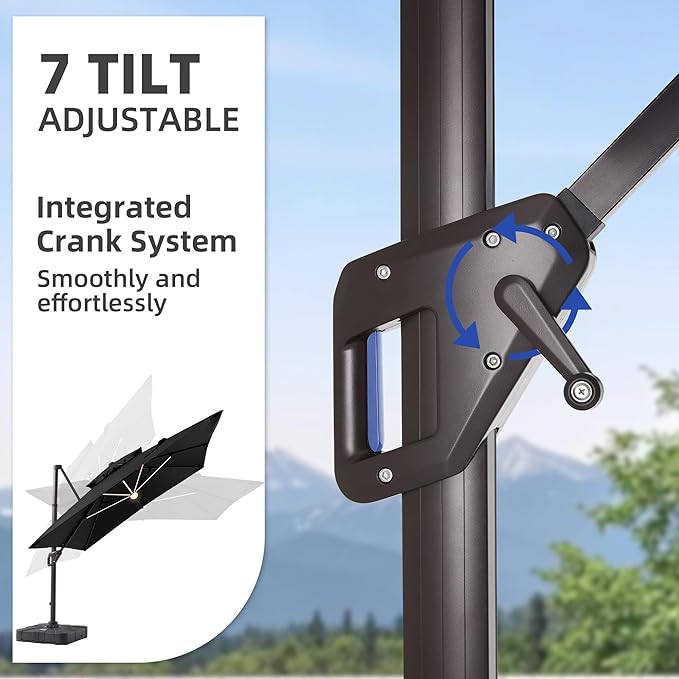10 X 13 FT Cantilever Patio Umbrella with Led Lights and Base Included Heavy Duty Outdoor Double Top Large Rectangle Offset Umbrellas with 360-degree Rotation for Garden Pool Deck Backyard, Black