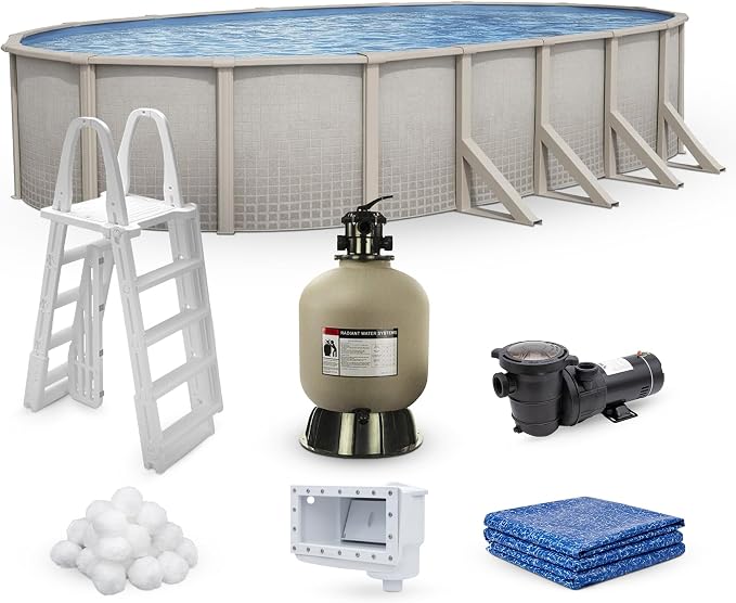 Lake Effect Pools 'Impressions' 18 ft x 33 ft Oval Above Ground Swimming Pool Bundle | 48 Inch Height | Steel Sided Walls | Kit Includes: 25 Gauge Liner, A-Frame Ladder, Sand Filter/Pump, & Skimmer