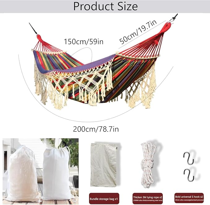 Double Hammock with Tassels, Cotton Canvas Portable Hanging Swing for Indoor Outdoor Use, 150kg Load Capacity, Ideal for Camping and Garden Relaxation