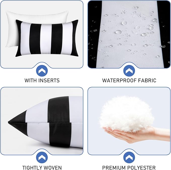 12x20 Waterproof Outdoor Pillows, Set of 2 Outdoor Lumbar Pillows | Patio Furniture Pillows, Decorative Throw Pillows, Waterproof & Fade Resistant, Removable & Washable, Black and White