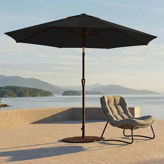 Kingdura 9FT Outdoor Patio Umbrella, Market Table Umbrella with Push Button Tilt and Crank, 8 Sturdy Fiberglass Ribs, UV Protection for Pool, Lawn, Deck, Backyard, Garden (Black)