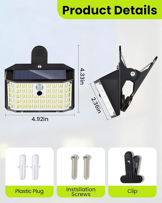 Clip on Solar Lights Outdoor with Motion Sensor, 800LM 176LED Solar Fence Lights Outdoor Waterproof, 3 Modes & Portable Security Lights for Chain Link Patio Deck Yard Garage(4Pack)