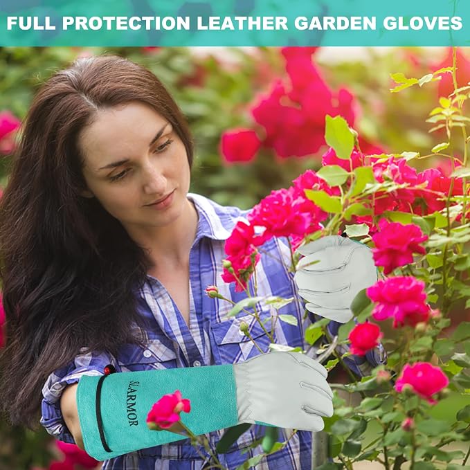Gardening Gloves for Women Men, Long Thorn Proof Rose Pruning Glove | Womens Long Leather Garden Glove, Heavy Duty Gauntlet, Work Glove for Weeding, Yard Planting, Best Garden Gifts for Gardener