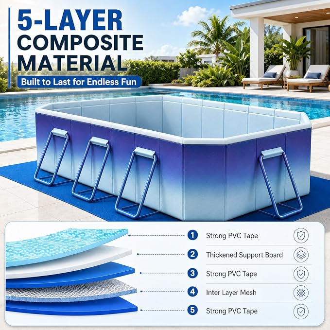 Large Foldable Pool for Adults with Ground Cloth 116"×65"×20" - Non-Inflatable Swimming Pool for Outdoor Summer Water Portable Folding Collapsible Pool