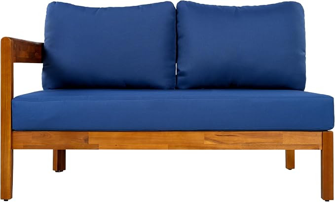 Acacia Wood L-shaped Outdoor Corner Sofa, Patio Conversation Furniture Set With 6 Soft Seat Cushions and Backpack , All Weather Outdoor Patio Sofa with Arc frame for Backyard, Garden (Blue-3.20)