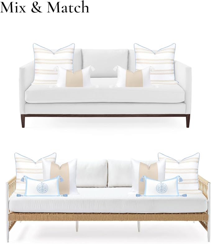 Hofdeco Premium Coastal Hampton Patio Indoor Outdoor Throw Pillow Cover Only, 22"x22" Water Repellent for Backyard, Couch, Poolside, Neutral Tan Blue Print Leaf Striped