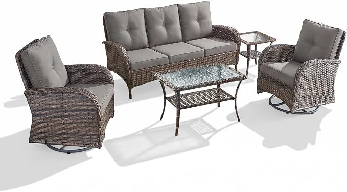 5 Piece Patio Furniture Set - Wicker Patio Conversation Set with Swivel Glider, 3 Seat Sofa, Tempered Glass Side Table and Coffee Table for Deck Backyard - Brown Wicker Grey Cushion