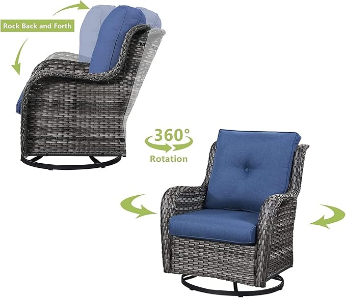 HUMMUH Outdoor Swivel Rocker Wicker Patio Chairs, Set of 2, Grey and Blue | 360° swivel and rocking motion, 5 in polyester cushions, wicker construction, for porch, balcony, deck, and patio