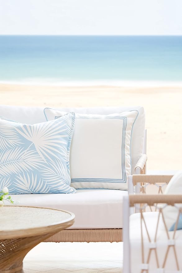 Hofdeco Premium Coastal Hampton Style Patio Indoor Outdoor Pillow Cover Only, 20"x20" Water Resistant for Backyard, Couch, Baby Blue Palm Leaf