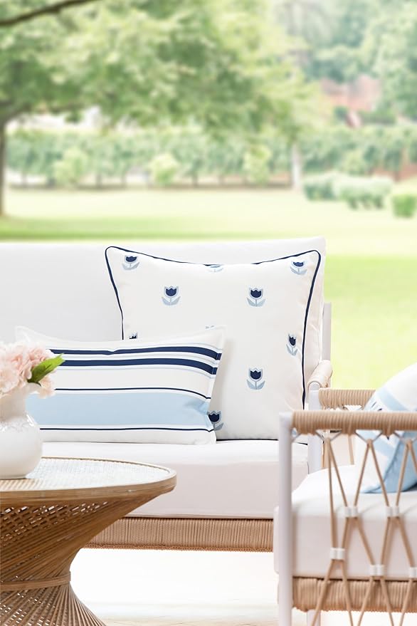 Hofdeco Premium Coastal Patio Indoor Outdoor Throw Pillow Cover Only, 20"x20" Water Repellent for Backyard, Couch, Navy Blue Embroidered Tulips Floral with Piping (Pack of 2)
