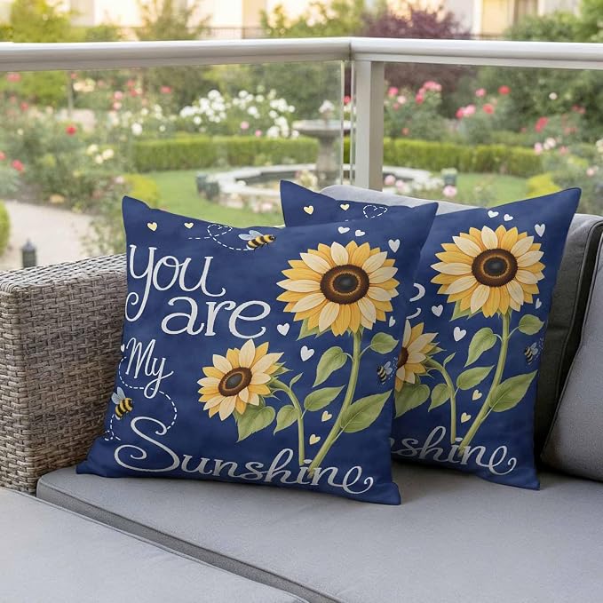Outdoor Pillow Covers You are My Sunshine Words Decorative Throw Pillow Covers, Farm Sunflowers Bee on Blue Throw Cushion Case with Zipper for Patio,Couch,Sofa,Garden 16x16in Set of 2