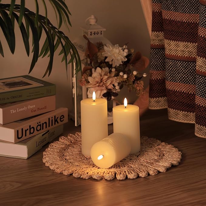 Flickering Flameless Candles with Remote, Real Wax Battery Operated Candles with Timer, 3D Wick Ivory Striped Fake LED Candles for Christmas Home Wedding Party, Gifts for Mom, Set of 3