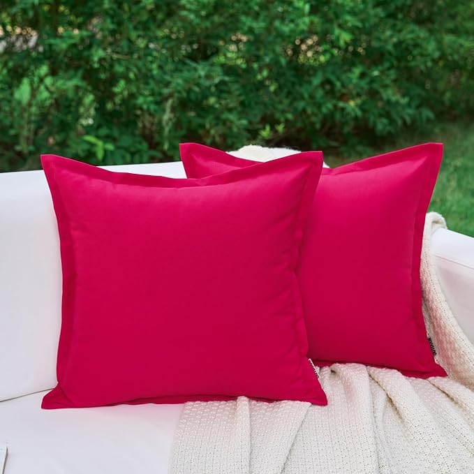 LIGICKY Hot Pink Outdoor Waterproof Pillow Covers 18x18 Inch Pack of 2 Decorative Square Solid Color Pillows with Wide Edge Cushion Cover for Patio Tent Garden Couch Balcony