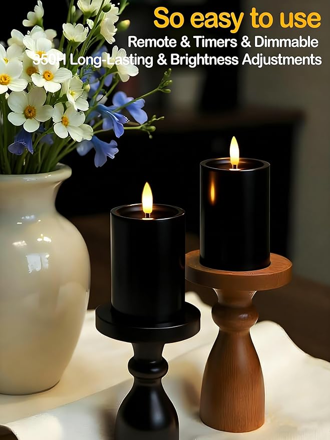 Gmnee 3"x4" Outdoor Waterproof Flameless Candles with Remote and Timers, LED Candles, Battery Operated Candles, Electric Fake Pillar Candles for Patio, Porch, and Lanterns Decor (Black, Plastic)