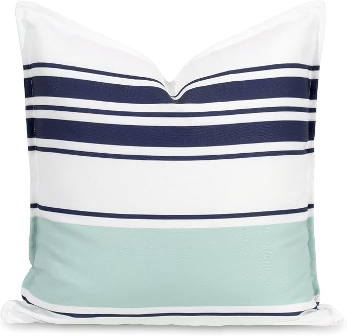 Hofdeco Premium Coastal Patio Indoor Outdoor Throw Pillow Cover Only, 20"x20" Water Repellent for Backyard, Couch, Navy Blue Aqua Stripes