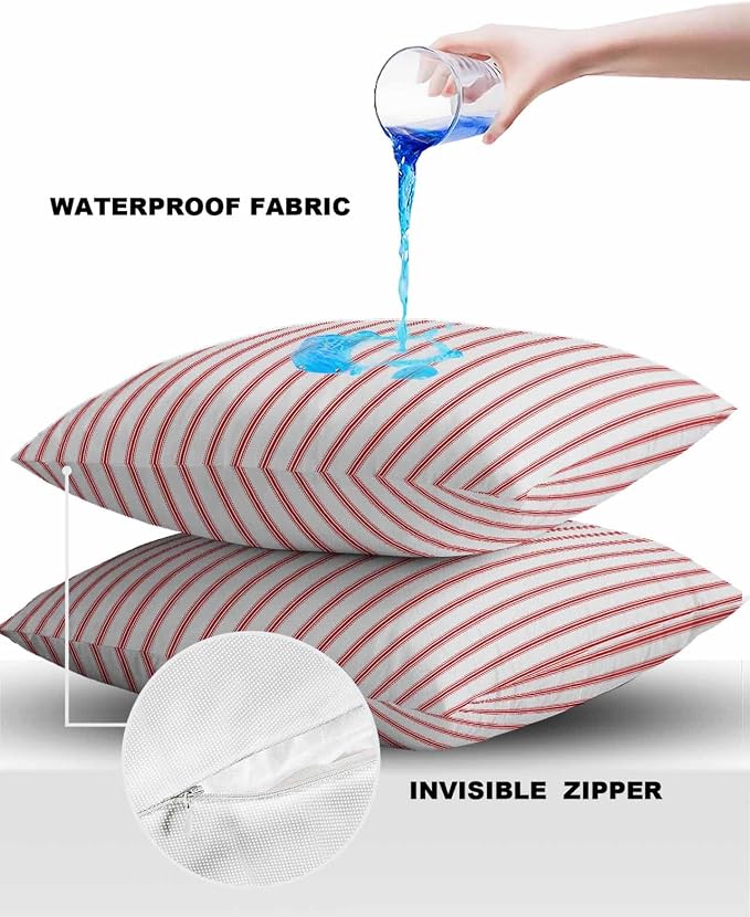Outdoor Waterproof Throw Pillow Covers 24x24in, Red Lines Cushions for Garden Patio Furniture Chairs Set of 2, Modern Stripes Home Decor Couch Sofa Polyester Pillow Cases