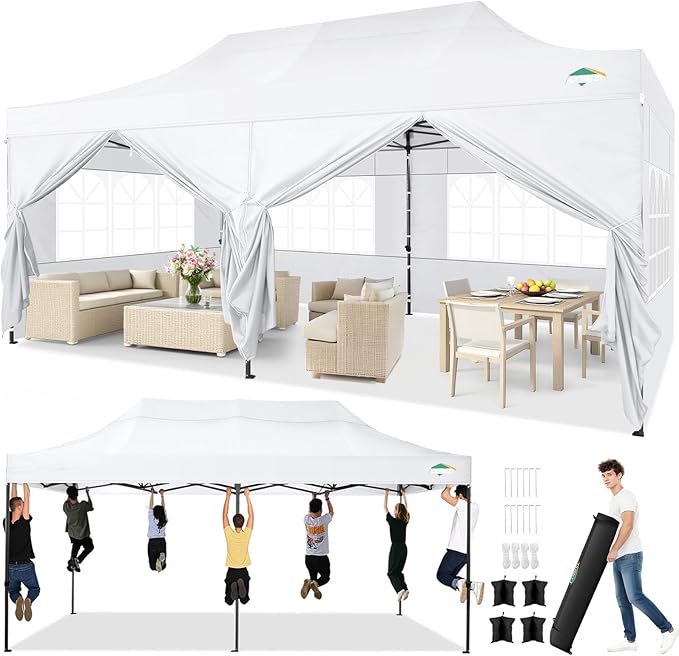 COBIZI 10x20 Pop up Canopy Tent Heavy Duty, Easy Set-up Commercial Outdoor Party Tent, 100% Waterproof Wedding Tents Gazebo, 3 Height Adjustable with Wheeled Bag, Clean White
