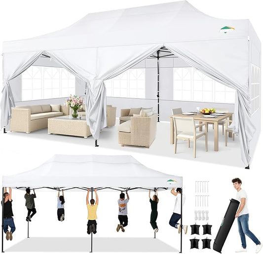 COBIZI 10x20 Pop up Canopy Tent Heavy Duty, Easy Set-up Commercial Outdoor Party Tent, 100% Waterproof Wedding Tents Gazebo, 3 Height Adjustable with Wheeled Bag, Clean White