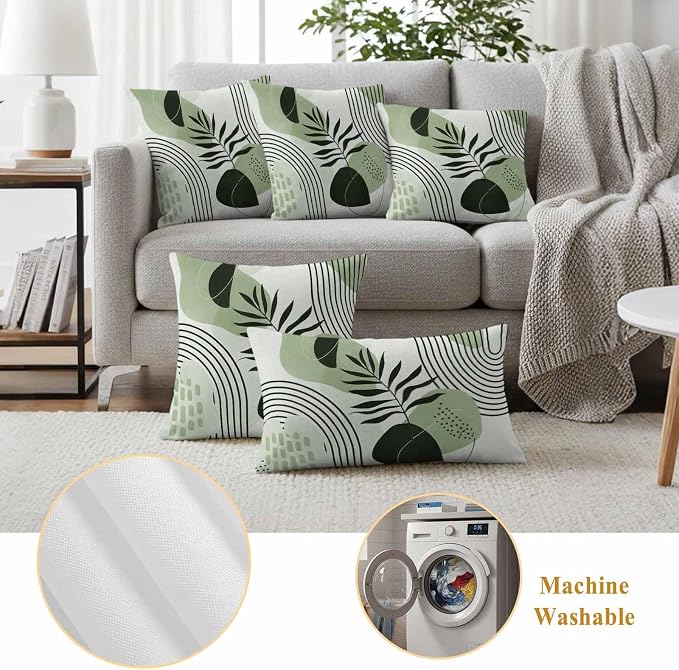 Sage Green Bohemian Outdoor Pillow Covers Set of 2 Abstract Geometric Black Lines Leaves Waterproof Throw Pillow Cover Decorative Cushion Cases for Patio Porch Garden 20X20 Inch
