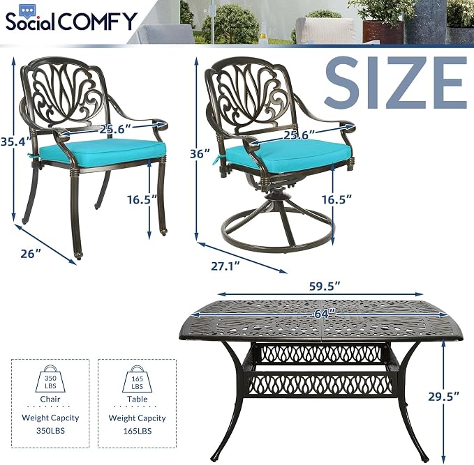 9-Piece Patio Cast Aluminum Dining Set, Outdoor Dining Furniture Set for 8 Person, Includes 64" Square Table, 6 Stationary and 2 Swivel Dining Chairs with Umbrella Hole, Ocean Blue