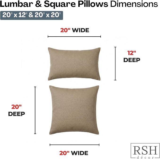 RSH DECOR: Sunbrella Lumbar & Square Pillows Set of 4 | 20" x 12" & 20" x 20" | Water and Fade-Resistant Performance Fabric | Outdoor Throw Pillows | Made in USA (Vesper Alpaca Stone)