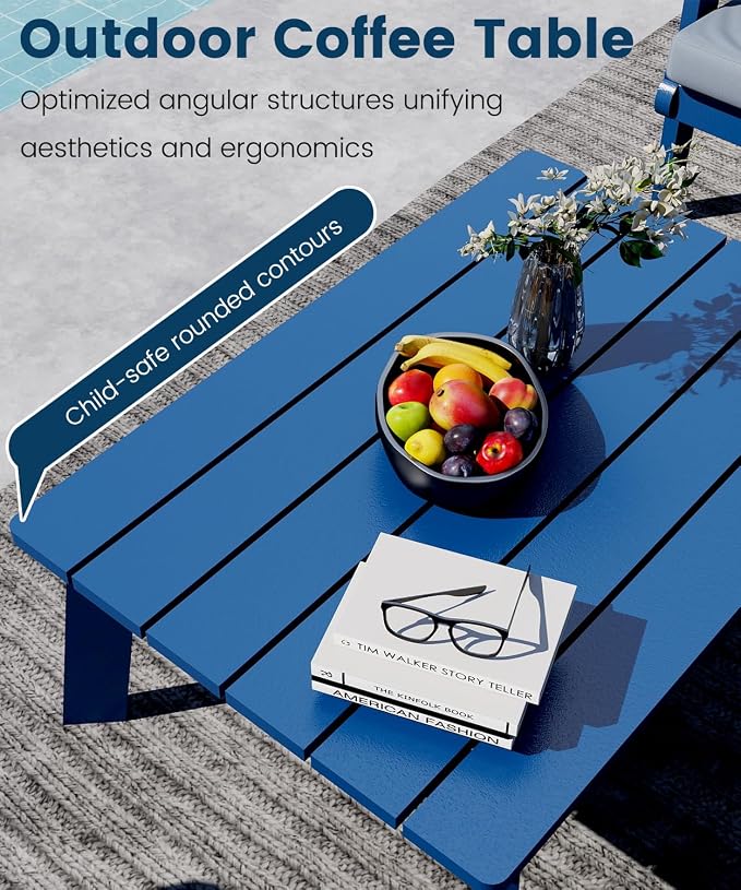 FOOWIN 4-Piece Patio Furniture Set, HDPE All-Weather Outdoor Conversation Set with Thick Cushions, Sectional Patio Sofa Furniture for Deck, Porch, Lawn, Garden, Navy Blue Frame & Grey Cushion