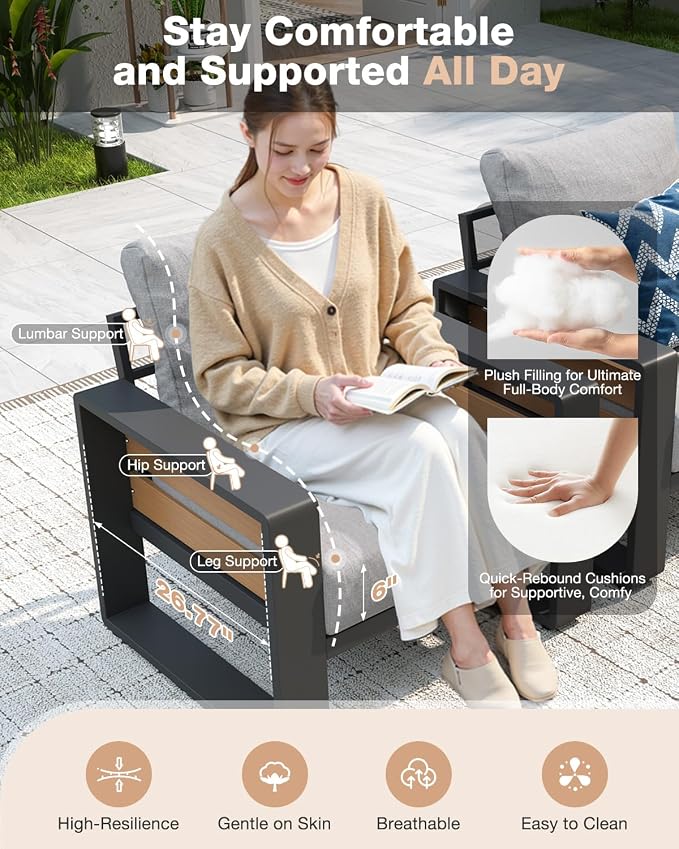 Aoxun Aluminum Patio Furniture Set, 2 Piece Luxury Outdoor Sectional with 6" Olefin Fabric Cushions, Patio Conversation Sets with Coffee Table Outdoor Sofas for Backyard, Porch Light Grey