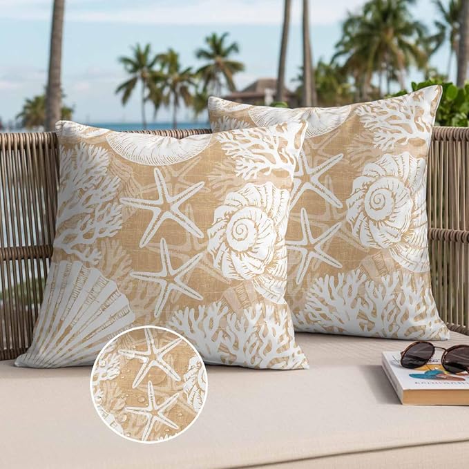 Outdoor Pillow Covers 18x18 Inch Set of 2, Light Brown Starfish Coastal Waterproof Throw Pillow Covers, Summer Coral Shell Beach Nautical Decorative Cushion Pillowcases for Couch Sofa Bed Garden Patio